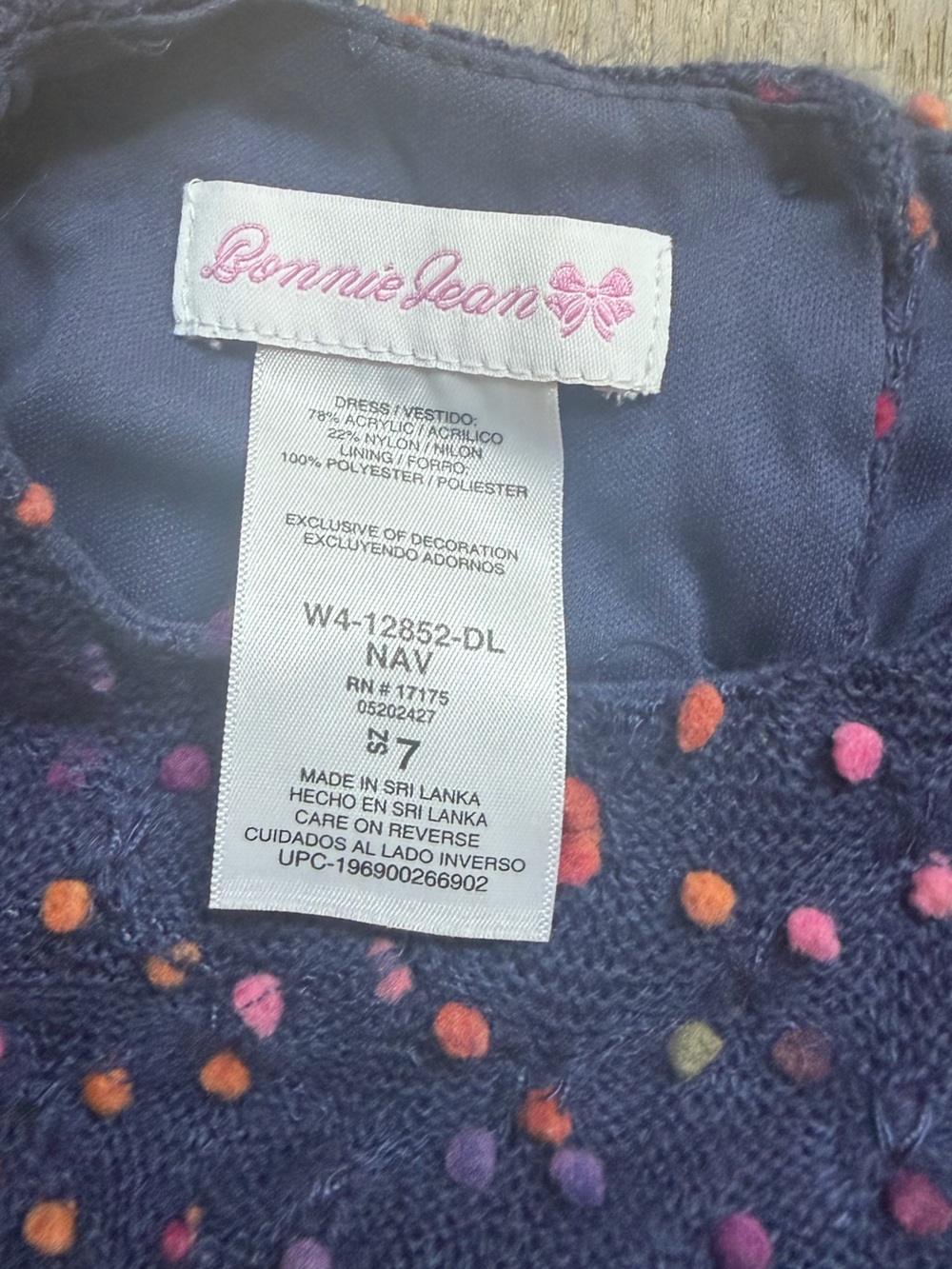 Bonnie Jean Navy Dress with Pink and Orange Dot Pom Accents - Picture 2 of 3